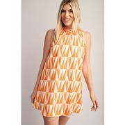  Women's Orange Ruffle Neck Sleeveless Printed Mini Dress