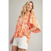  Women's Orange V Neck Placket Wide Sleeve Printed Top