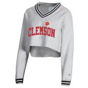  Clemson Champion Women's Reverse Weave Higher Ed Cropped V- Neck