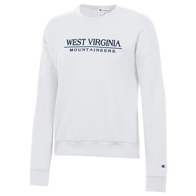 West Virginia Champion Women's Bar Stack Powerblend Crew WHITE