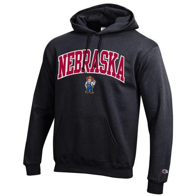 Nebraska Champion Applique Arch Over Logo Hoodie BLACK