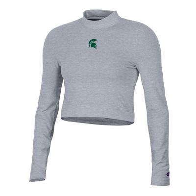 Michigan State Champion Women's Fitted Long Sleeve Mock Crop Top OXFORD_GREY