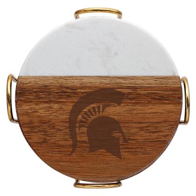 Michigan State Marble and Acacia Wood Coaster Set