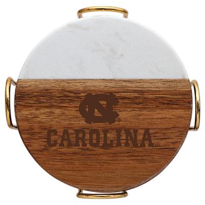 UNC Marble and Acacia Wood Coaster Set