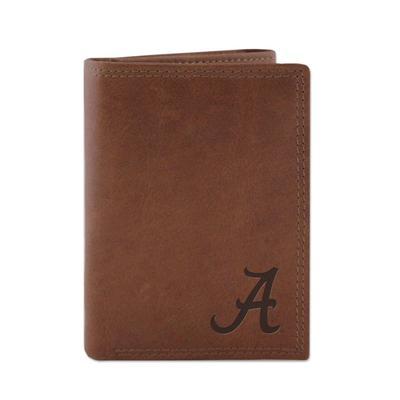 Alabama Zep-Pro Brown Leather Embossed Trifold Wallet