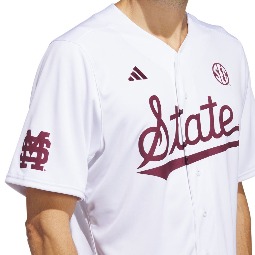 Bulldogs, Mississippi State Adidas Full Button Script Baseball Jersey