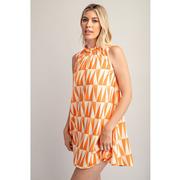 Women's Orange Ruffle Neck Sleeveless printed Mini Dress