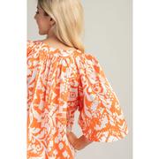 Women's Orange V Neck Placket Wide Sleeve Printed Top